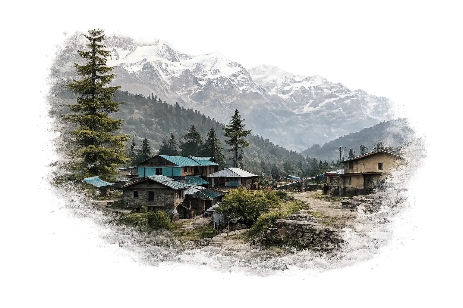 Abstract watercolour of Grahan Valley, Parvati Valley Himachal Pradesh