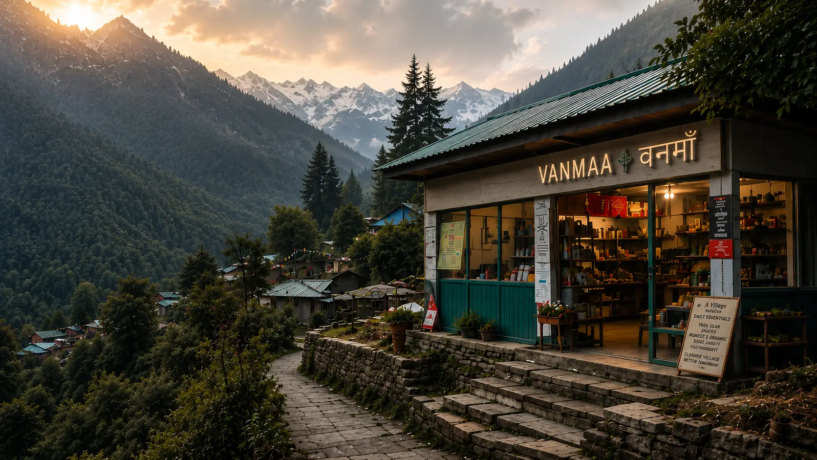 Grahan village at sunset in Parvati Valley, Himachal Pradesh